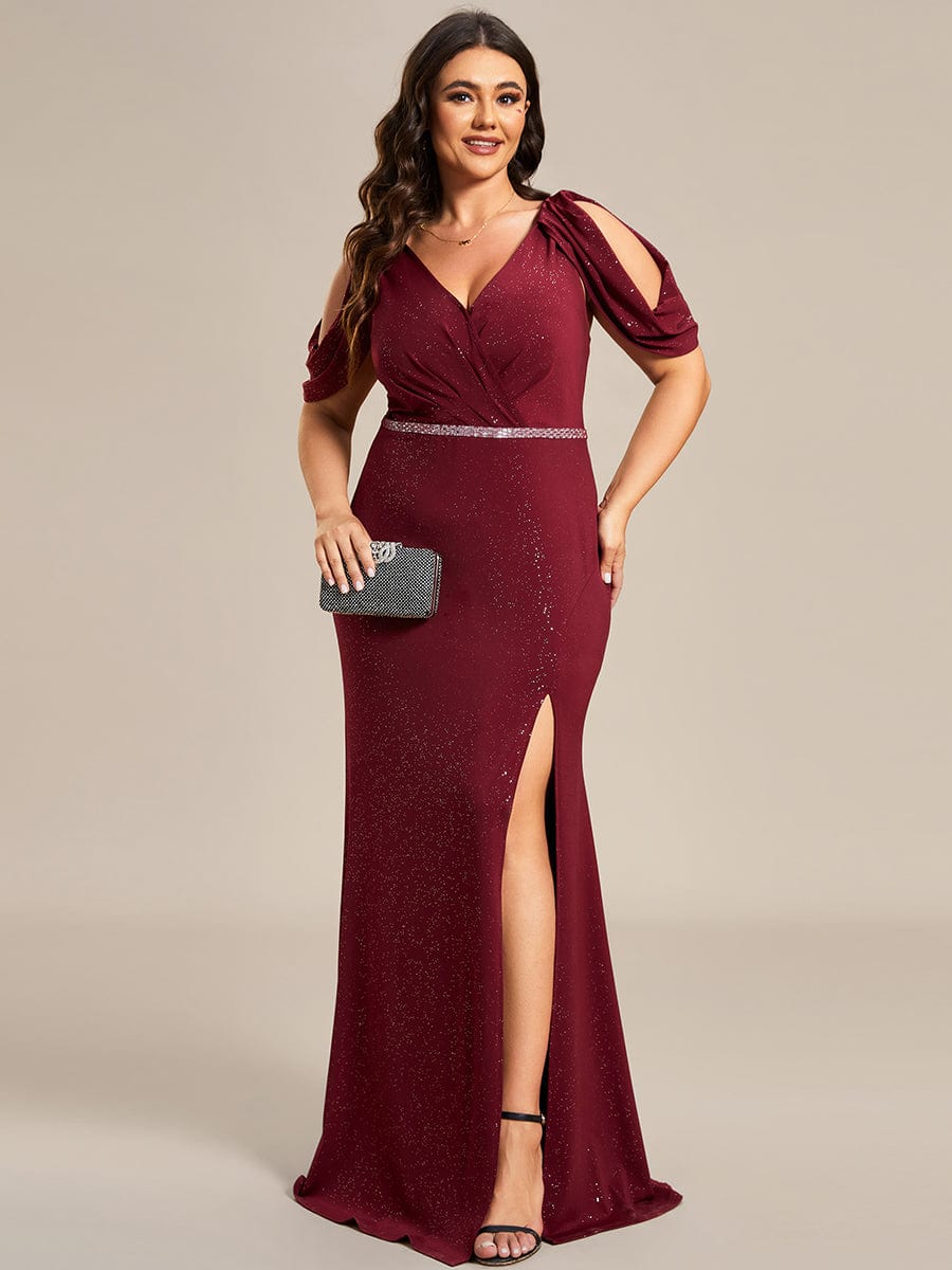 Plus Size Sparkly Glitter Cold Shoulder Shiny Belt Backless Evening Dress #color_Burgundy