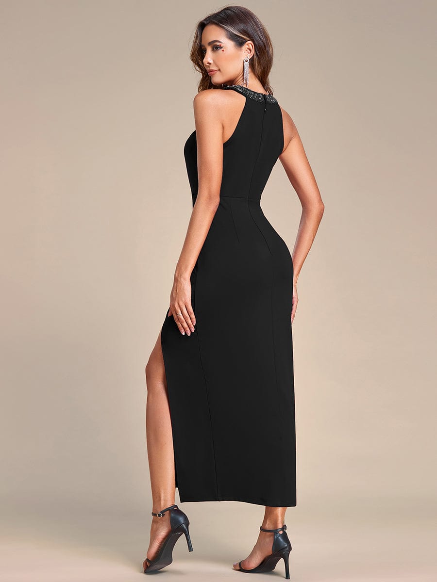 Halter Neck Pleated Sequin Sleeveless Evening Dress #color_Black