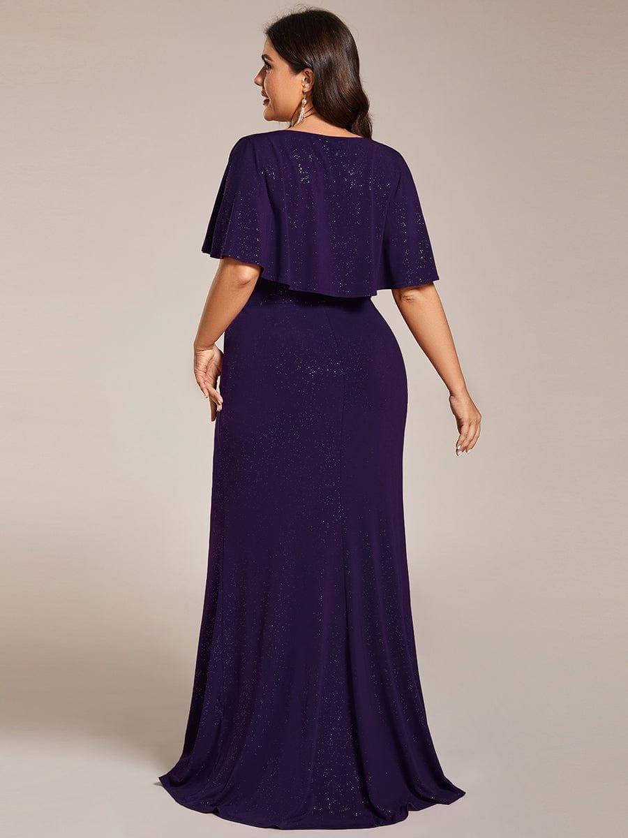 Plus Size Glitter Bat-Wing Sleeve Waist-Cinching Mermaid Evening Dress #color_Dark Purple