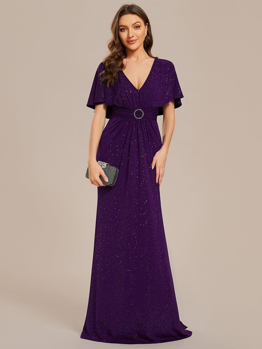 Glittery V-Neck Pleated Bat-Wing Sleeve Bodycon Waist-Cinching Evening Dress #color_Dark Purple