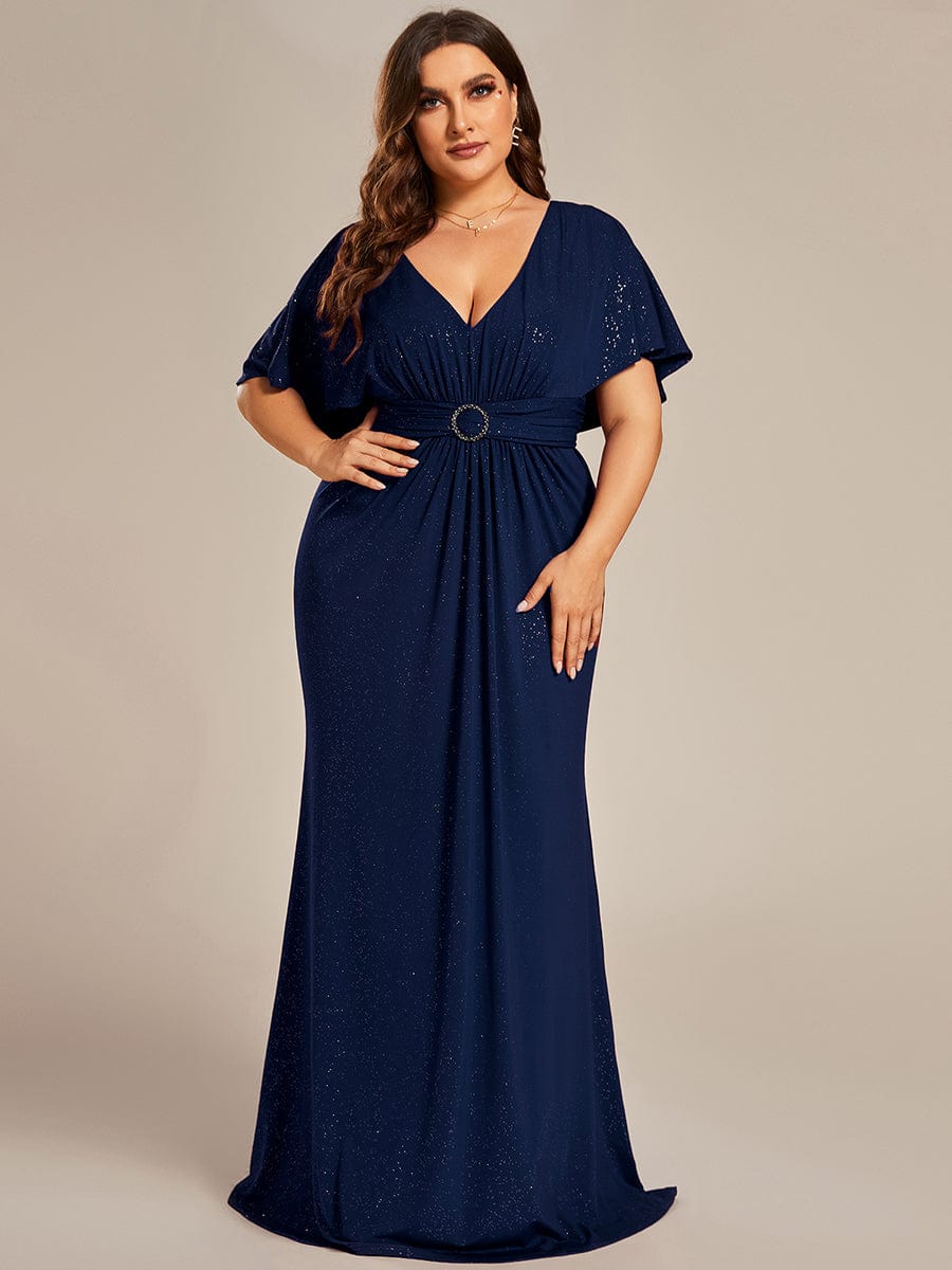 Plus Size Glitter Bat-Wing Sleeve Waist-Cinching Mermaid Evening Dress #color_Navy Blue
