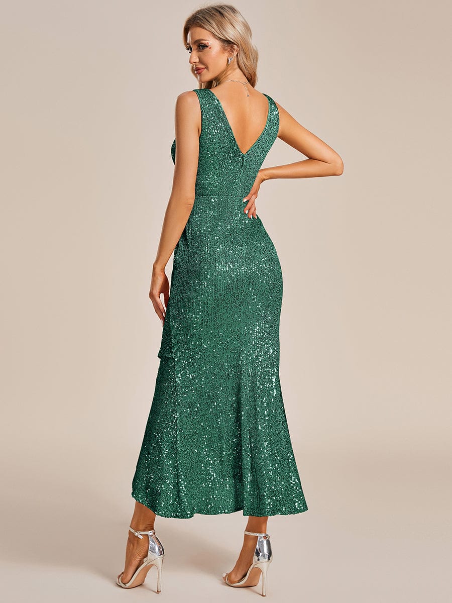 Sparkling V-Neck Sleeveless Asymmetrical Hem Sequin Evening Dress #color_Dark Green