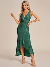 Sparkling V-Neck Sleeveless Asymmetrical Hem Sequin Evening Dress #color_Dark Green