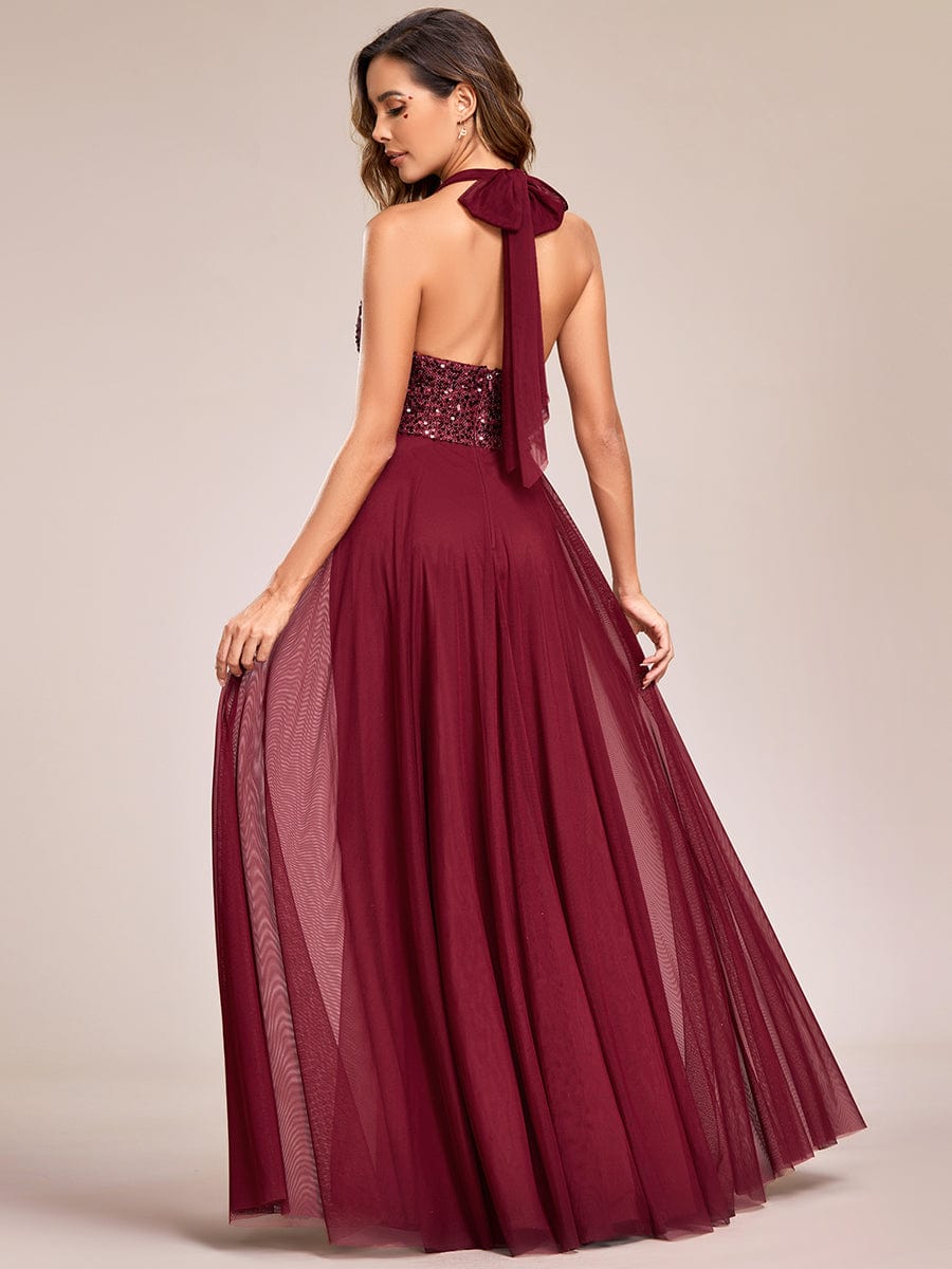 Sequin Halter Neck Top A-Line Backless Evening Dress with Tulle #color_Burgundy