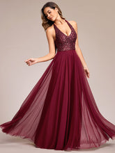 Sequin Halter Neck Top A-Line Backless Evening Dress with Tulle #color_Burgundy