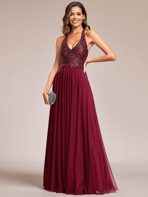 Sequin Halter Neck Top A-Line Backless Evening Dress with Tulle