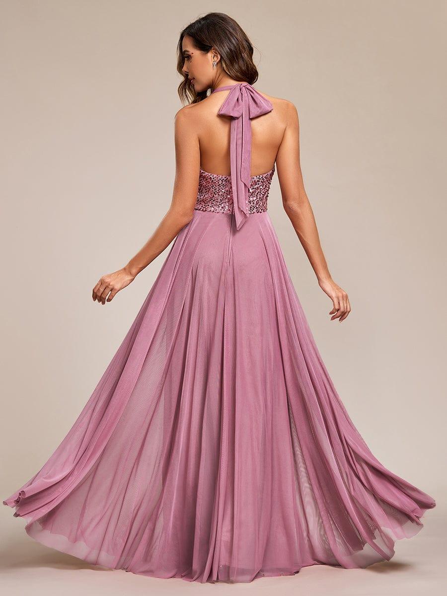 Sequin Halter Neck Top A-Line Backless Evening Dress with Tulle