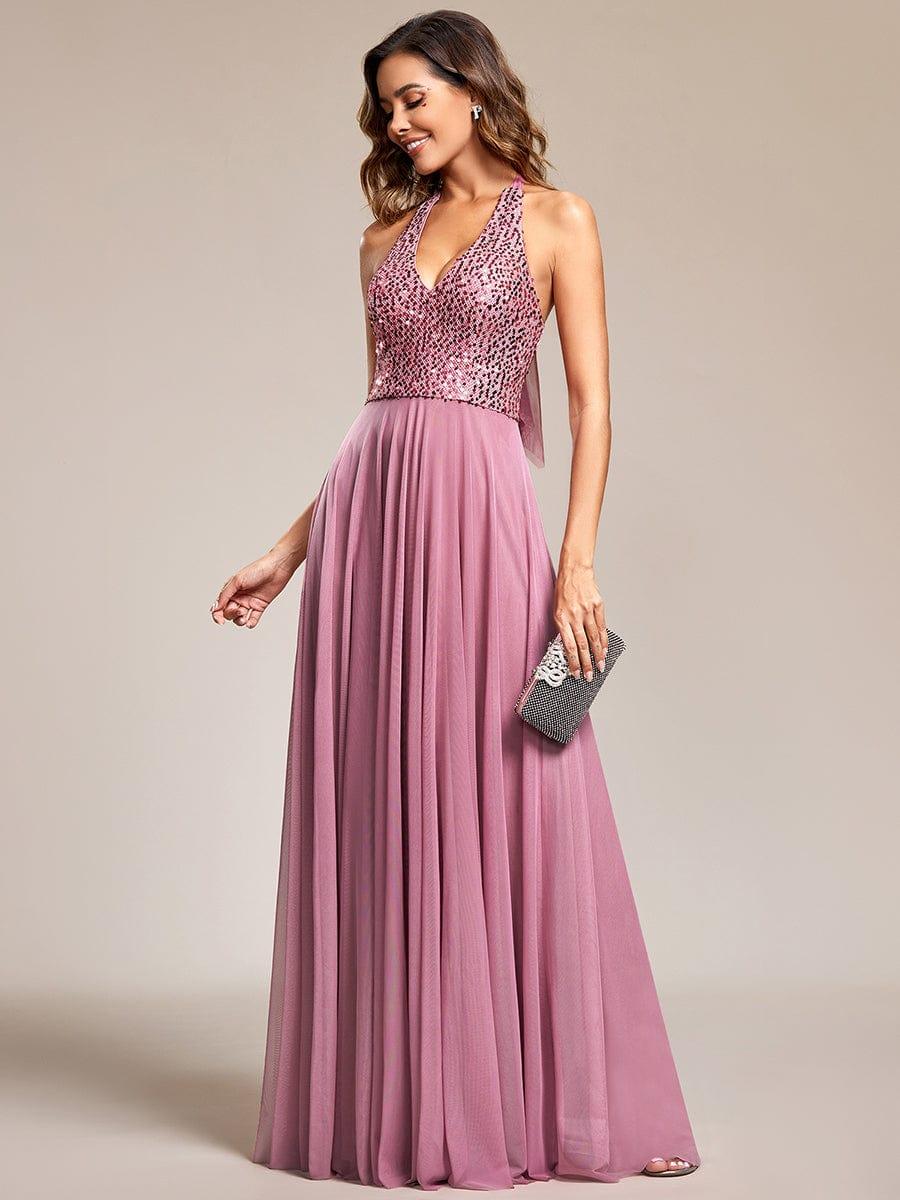 Sequin Halter Neck Top A-Line Backless Evening Dress with Tulle