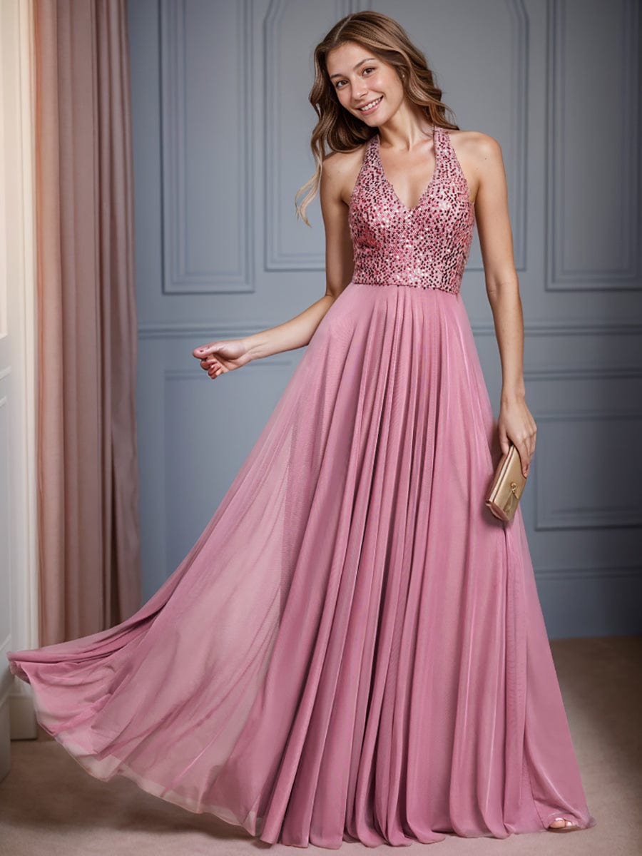 Sequin Halter Neck Top A-Line Backless Evening Dress with Tulle