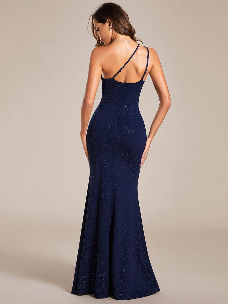 One-Shoulder Shining Back Spaghetti Strap Pleated Lotus Leaf Bodycon Evening Dress #color_Navy Blue
