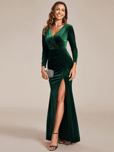 Long Sleeves Bodycon High Slit Stretchy Velvet Mermaid Evening Dress #color_Dark Green