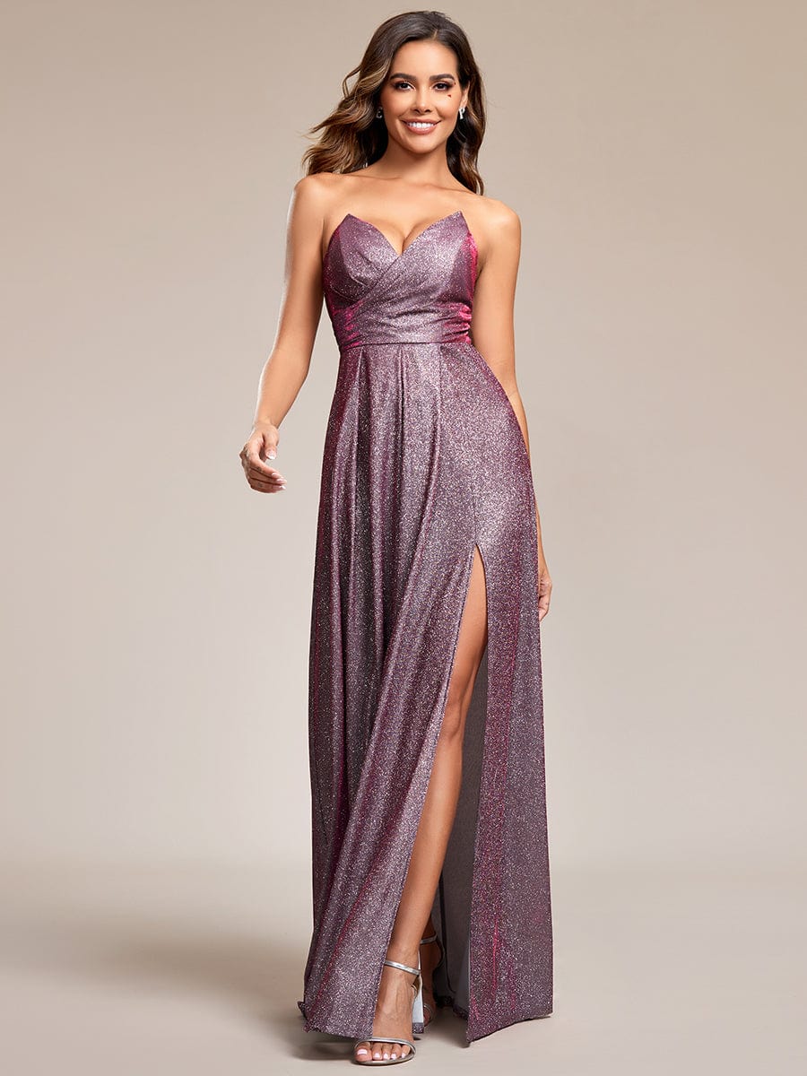 Shimmering Strapless A-Line Pleated Back-Laced High Slit Evening Dress #color_Metallic Rose