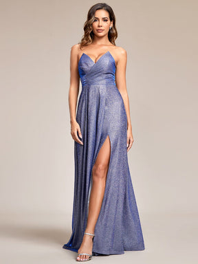 Shimmering Strapless A-Line Pleated Back-Laced High Slit Evening Dress