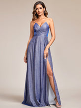Shimmering Strapless A-Line Pleated Back-Laced High Slit Evening Dress #color_Opal Lilac