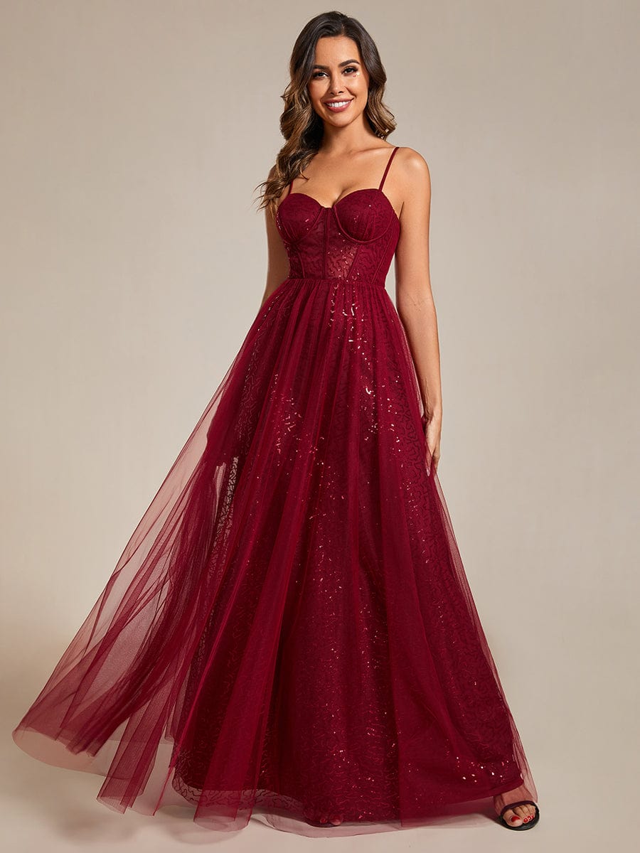 Spaghetti Straps Illusion Sleeveless A-Line Sequin Evening Dress with Tulle Cover #color_Burgundy