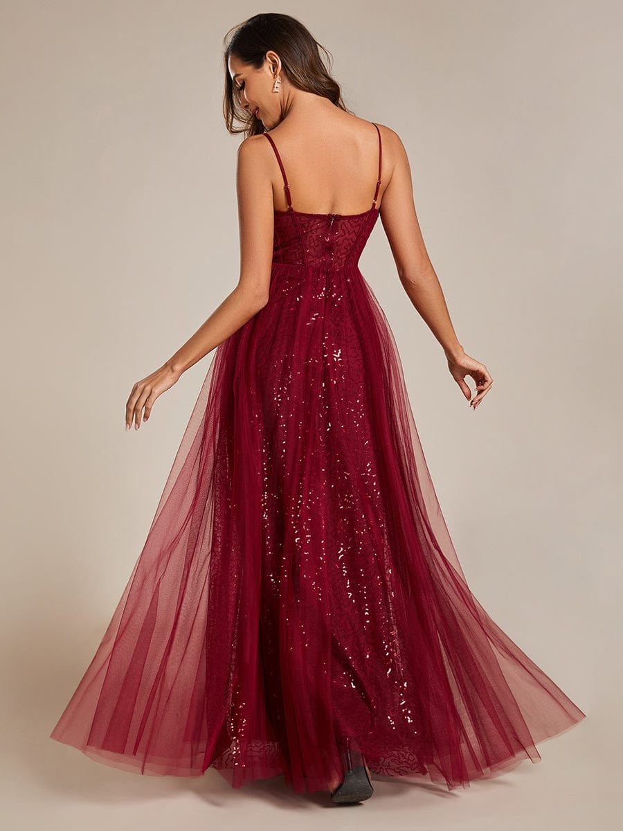 Spaghetti Straps Illusion Sleeveless A-Line Sequin Evening Dress with Tulle Cover #color_Burgundy