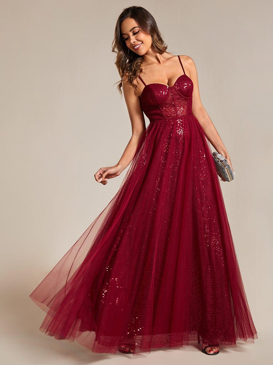 Spaghetti Straps Illusion Sleeveless A-Line Sequin Evening Dress with Tulle Cover #color_Burgundy