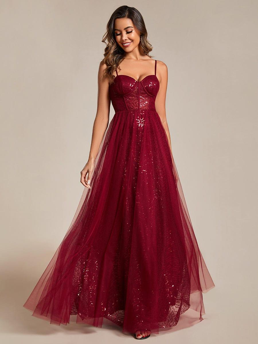 Spaghetti Straps Illusion Sleeveless A-Line Sequin Evening Dress with Tulle Cover #color_Burgundy
