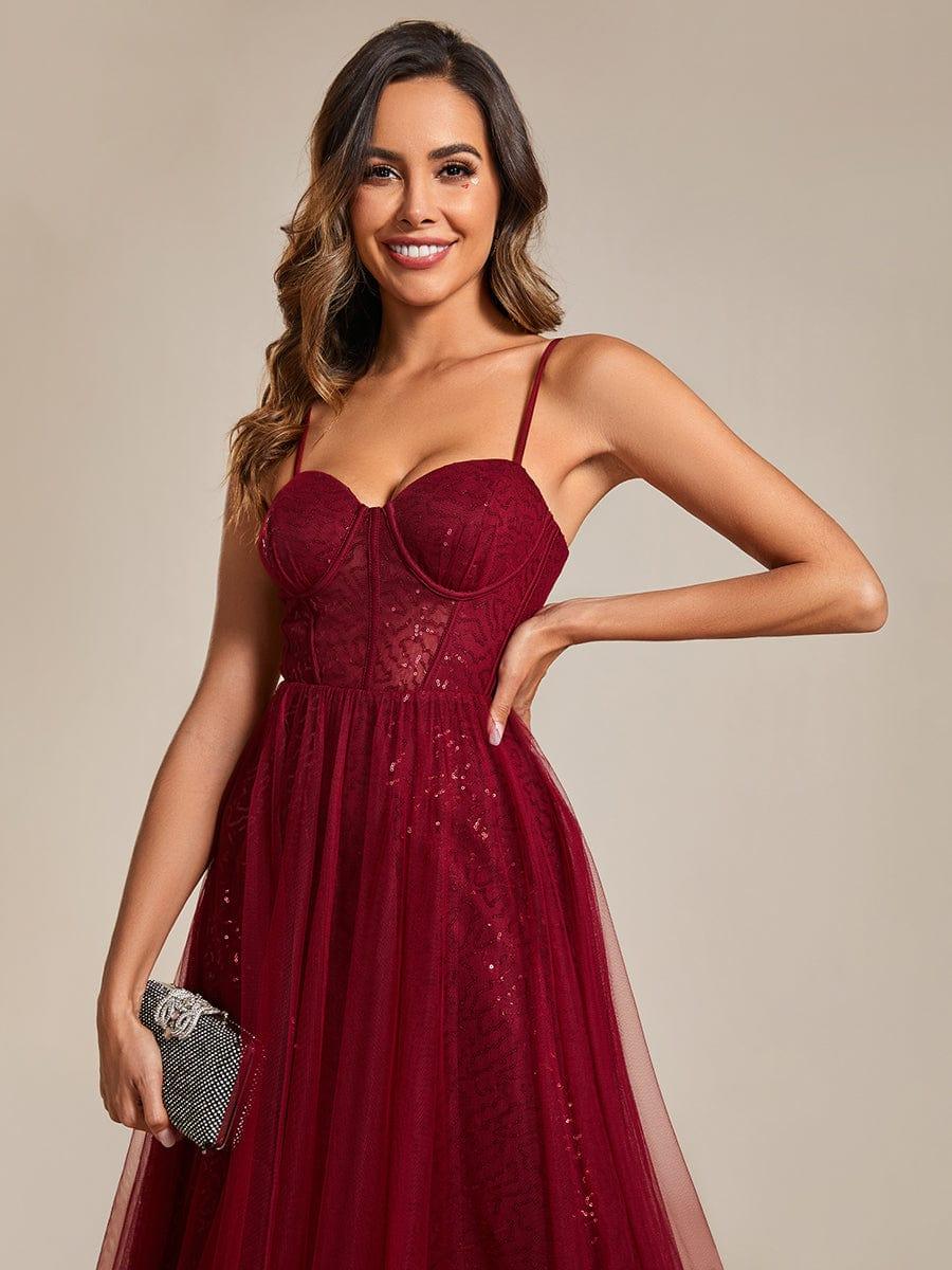 Spaghetti Straps Illusion Sleeveless A-Line Sequin Evening Dress with Tulle Cover #color_Burgundy