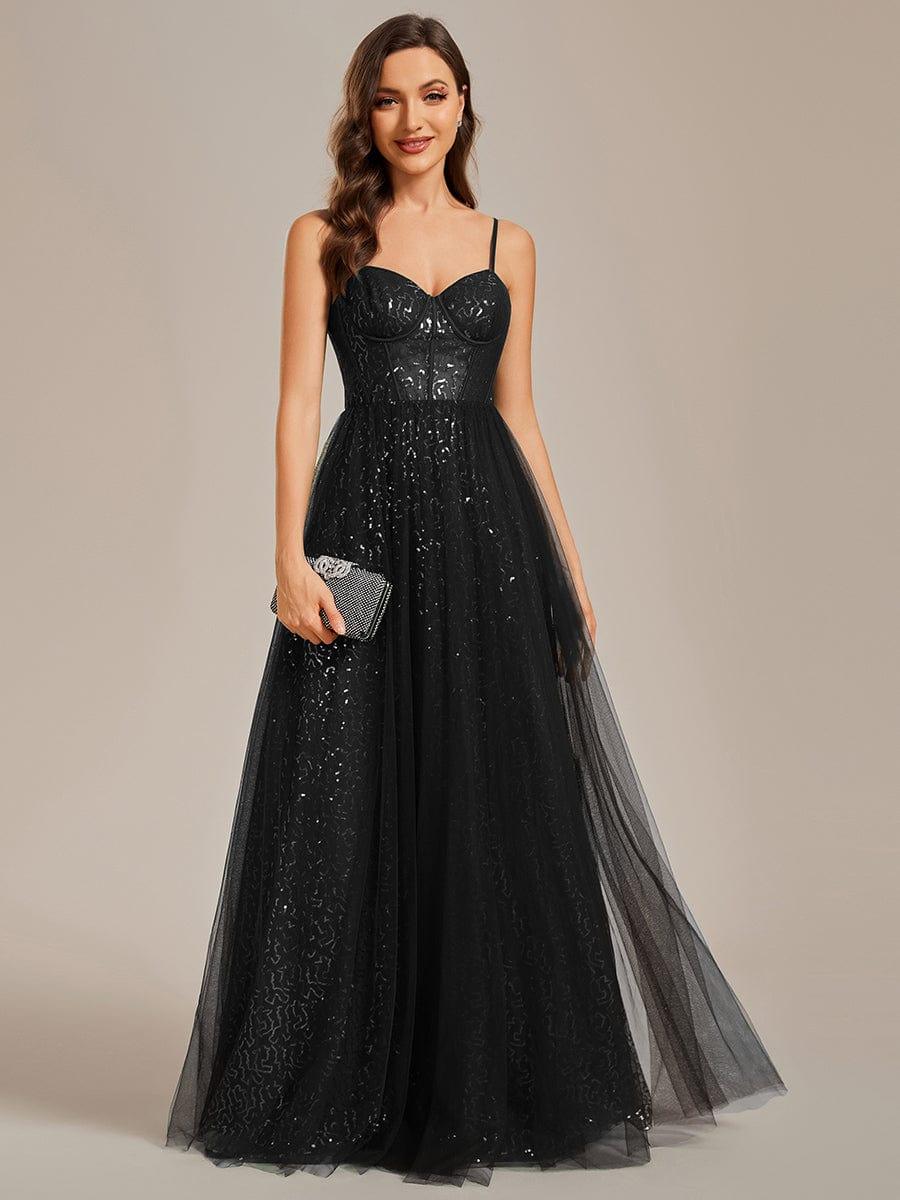 Spaghetti Straps Illusion Sleeveless A-Line Sequin Evening Dress with Tulle Cover #color_Black