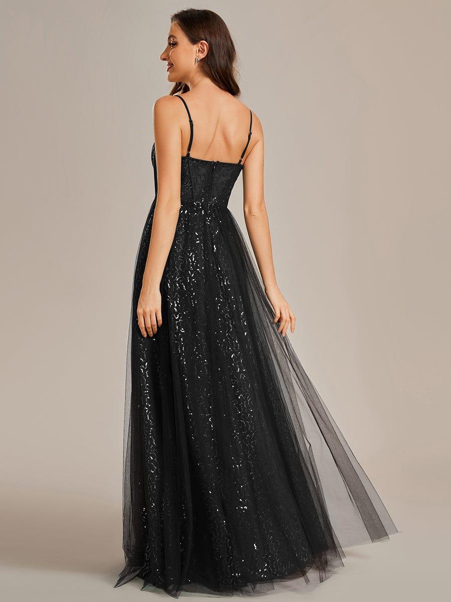 Spaghetti Straps Illusion Sleeveless A-Line Sequin Evening Dress with Tulle Cover #color_Black