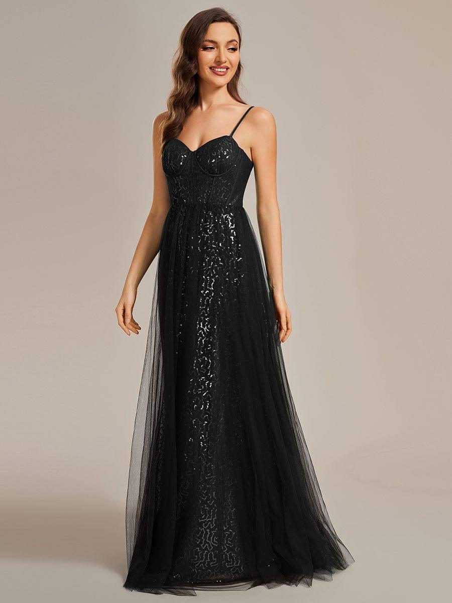 Spaghetti Straps Illusion Sleeveless A-Line Sequin Evening Dress with Tulle Cover #color_Black