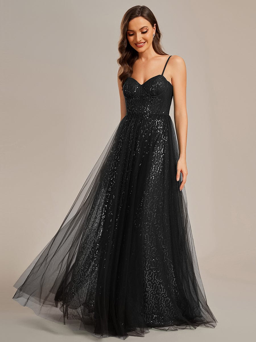 Spaghetti Straps Illusion Sleeveless A-Line Sequin Evening Dress with Tulle Cover #color_Black