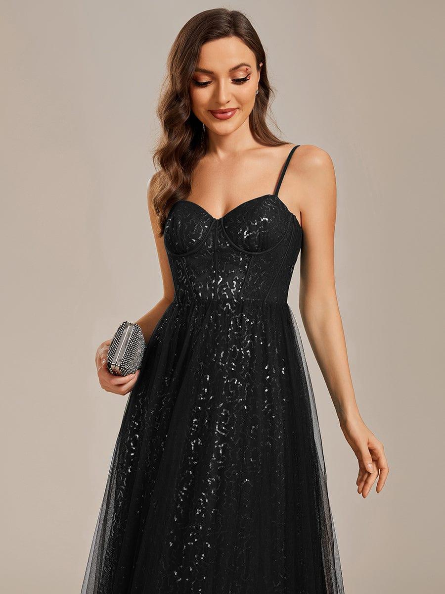 Spaghetti Straps Illusion Sleeveless A-Line Sequin Evening Dress with Tulle Cover #color_Black