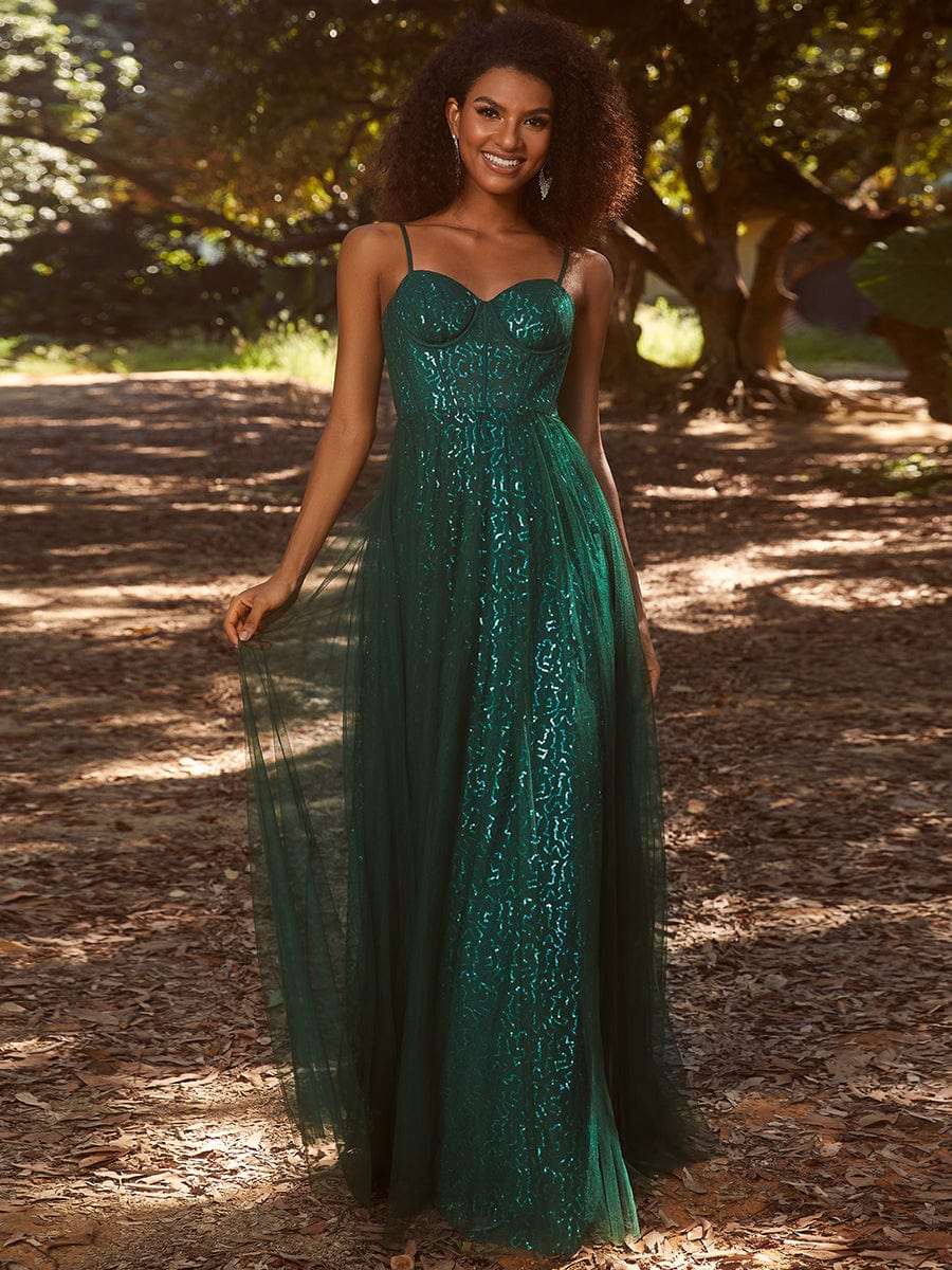 Spaghetti Straps Illusion Sleeveless A-Line Sequin Evening Dress with Tulle Cover #color_Dark Green