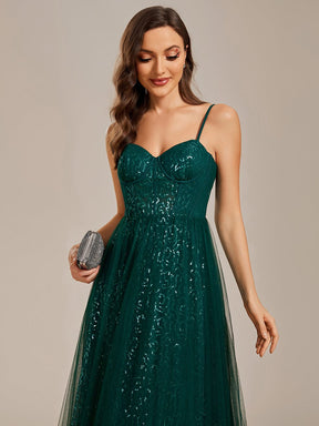 Spaghetti Straps Illusion Sleeveless A-Line Sequin Evening Dress with Tulle Cover