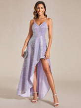 Sparkling Sequin Spaghetti Straps High-Low Backless Evening Dress #color_Lavender