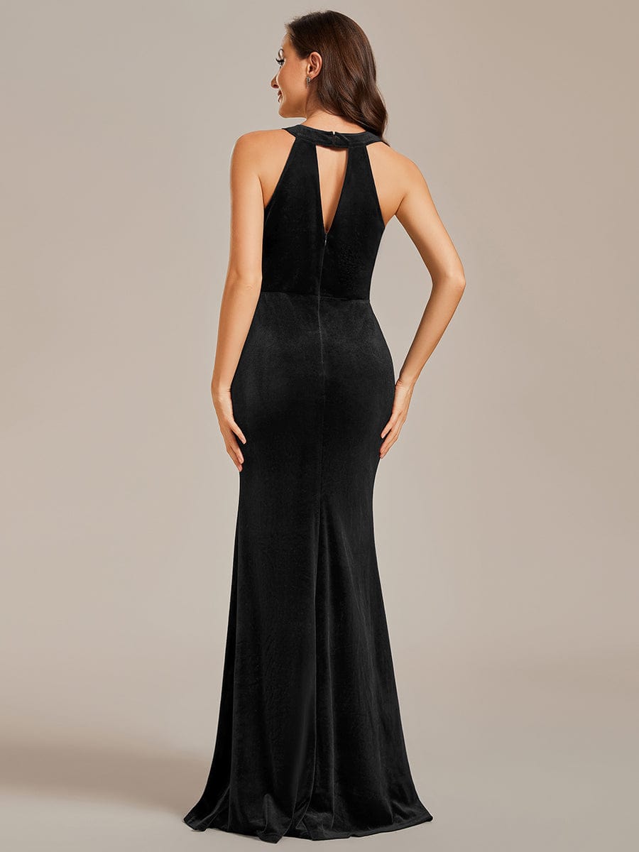 Halter Sleeveless Bodycon Shiny Belt High Slit Velvet Evening Dress  #color_Black