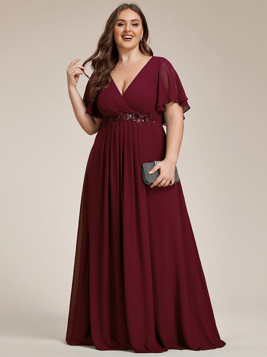 Plus Size Floral Applique Short Sleeve A-Line Chiffon Evening Dress #color_Burgundy
