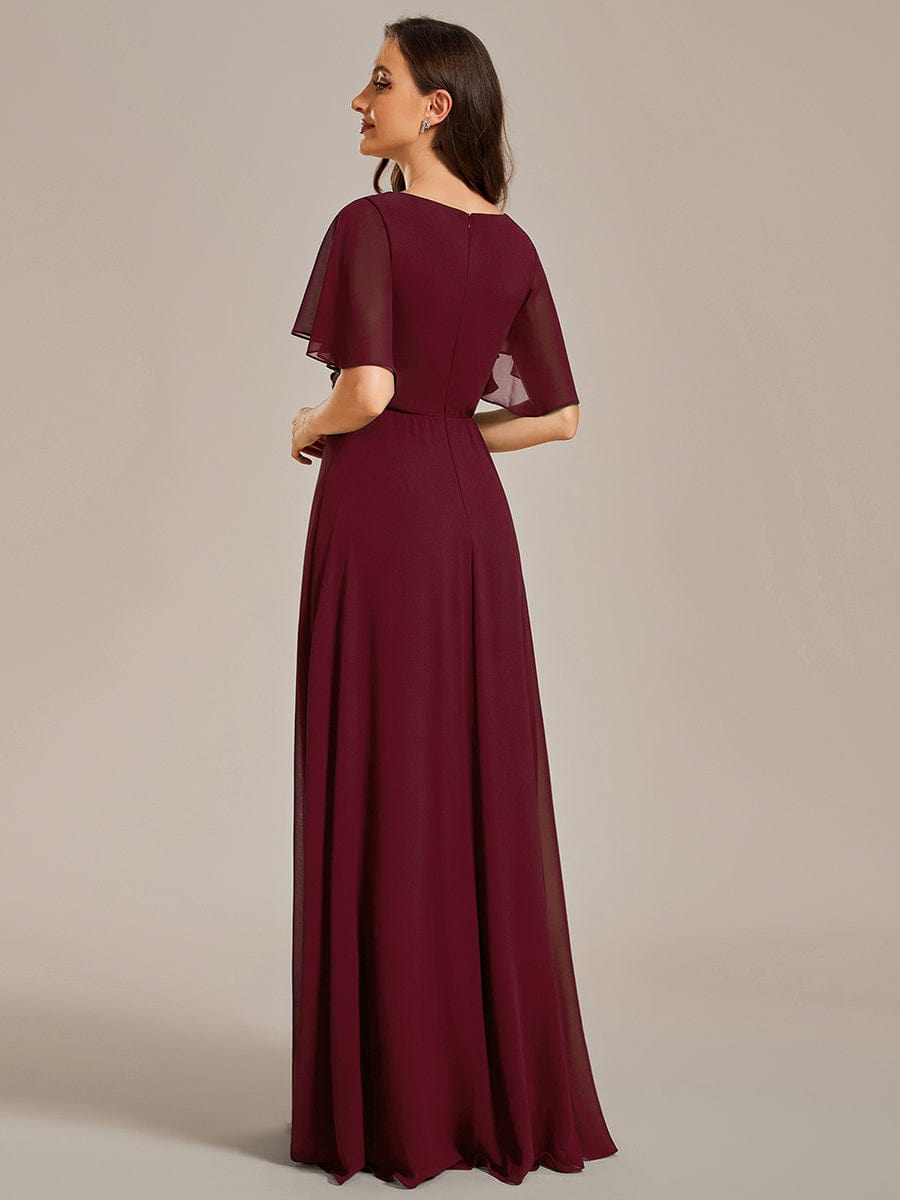Ruffles Sleeve A-Line Chiffon Waist Applique Maxi Evening Dress #color_Burgundy