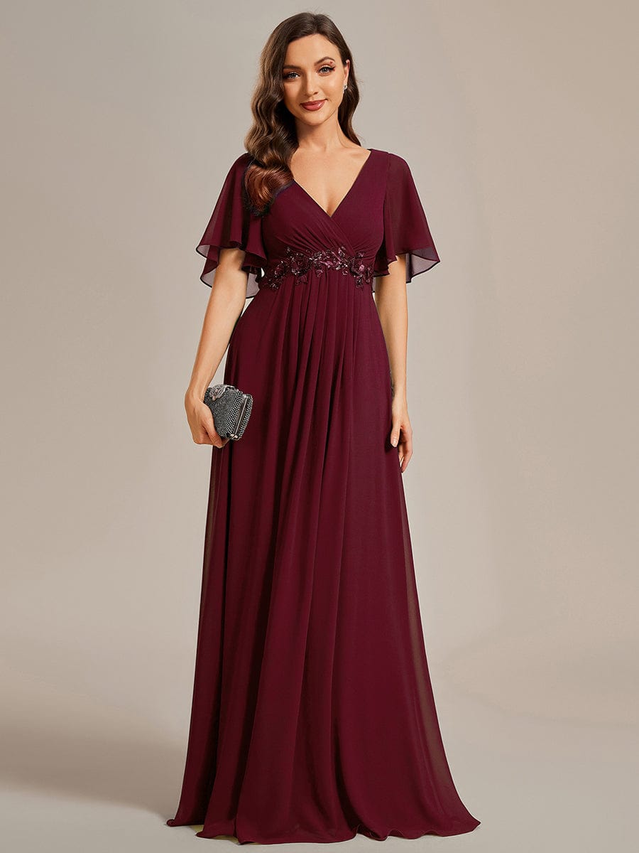 Ruffles Sleeve A-Line Chiffon Waist Applique Maxi Evening Dress #color_Burgundy