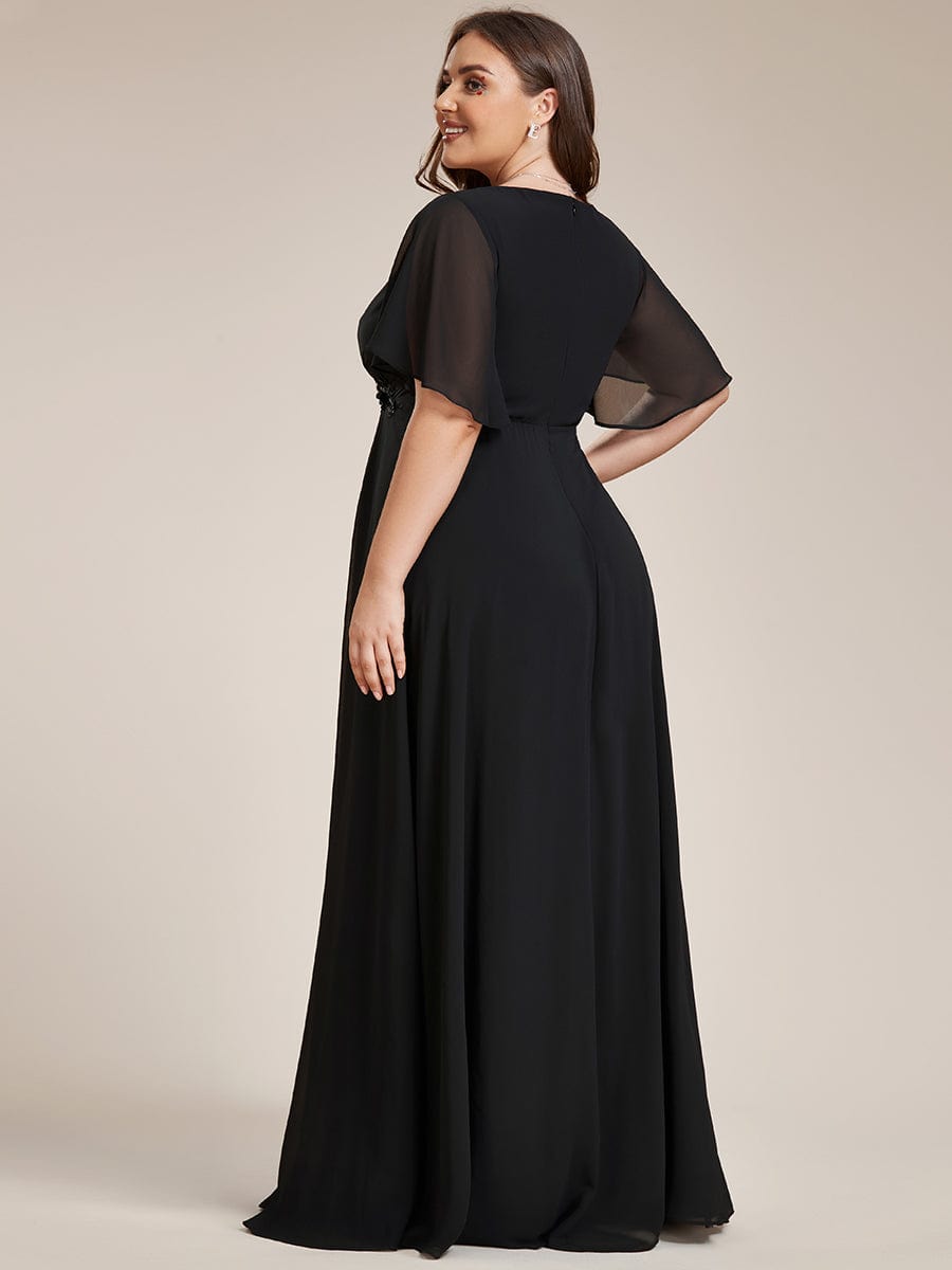 Plus Size Floral Applique Short Sleeve A-Line Chiffon Evening Dress #color_Black