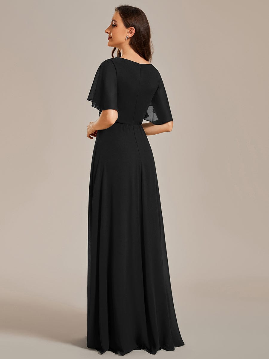 Ruffles Sleeve A-Line Chiffon Waist Applique Maxi Evening Dress #color_Black