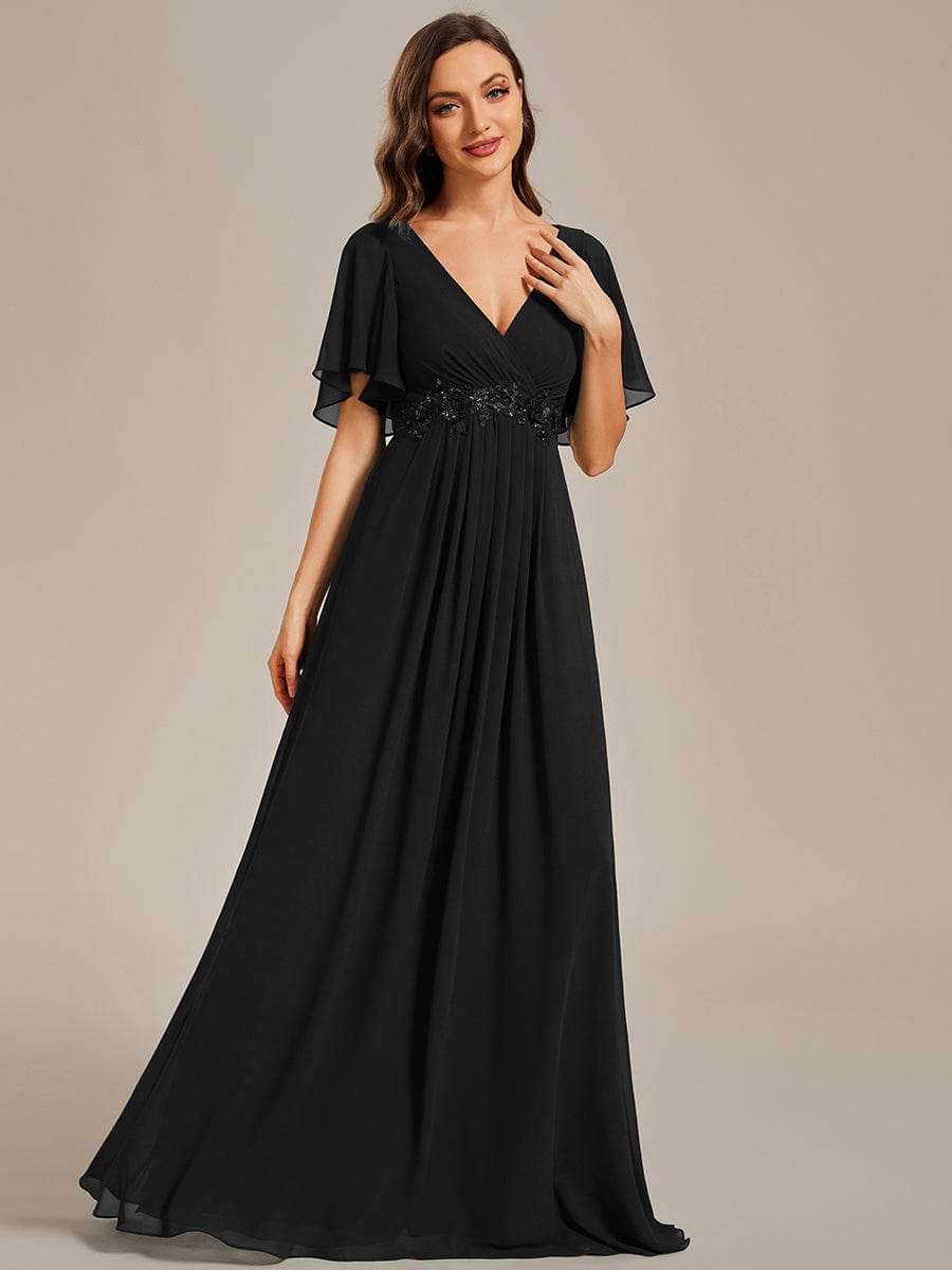 Ruffles Sleeve A-Line Chiffon Waist Applique Maxi Evening Dress #color_Black