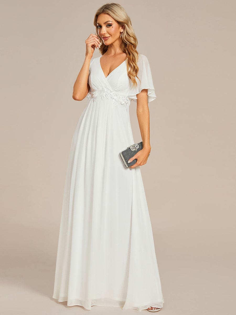 Ruffles Sleeve A-Line Chiffon Waist Applique Maxi Evening Dress #color_Cream