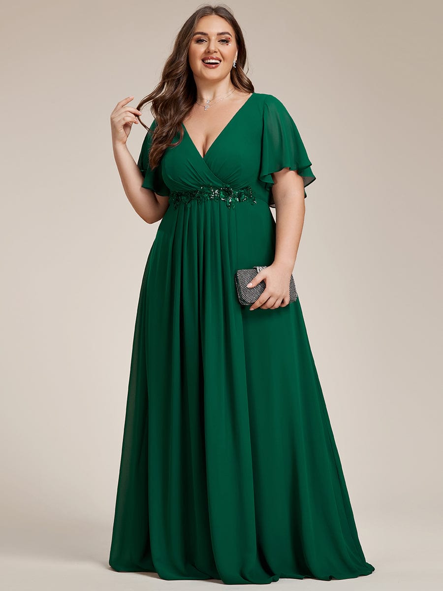 Plus Size Floral Applique Short Sleeve A-Line Chiffon Evening Dress #color_Dark Green