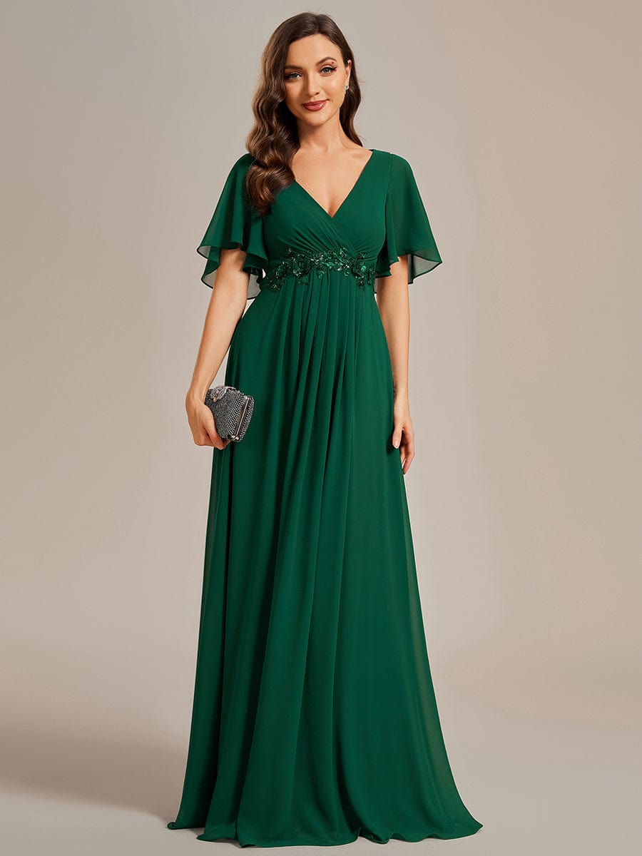 Ruffles Sleeve A-Line Chiffon Waist Applique Maxi Evening Dress #color_Dark Green