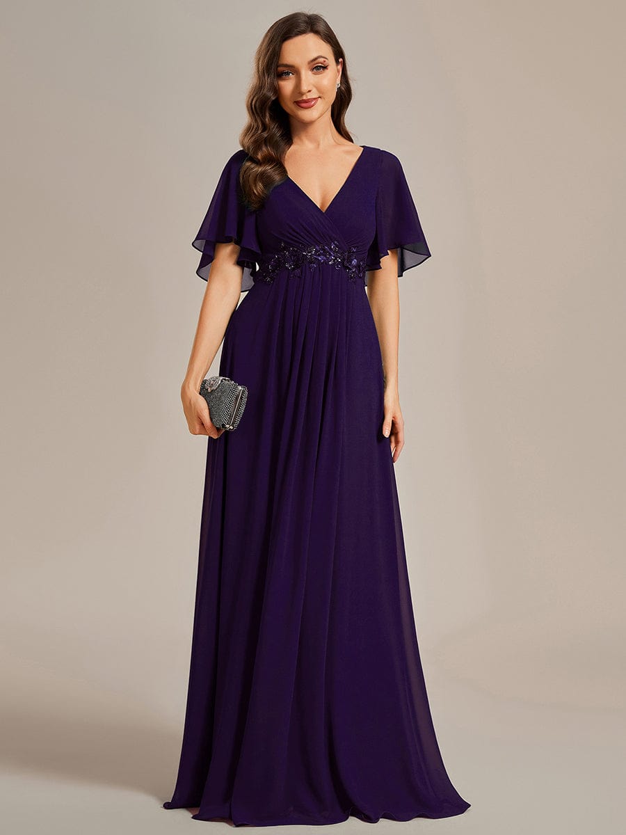 Ruffles Sleeve A-Line Chiffon Waist Applique Maxi Evening Dress #color_Dark Purple