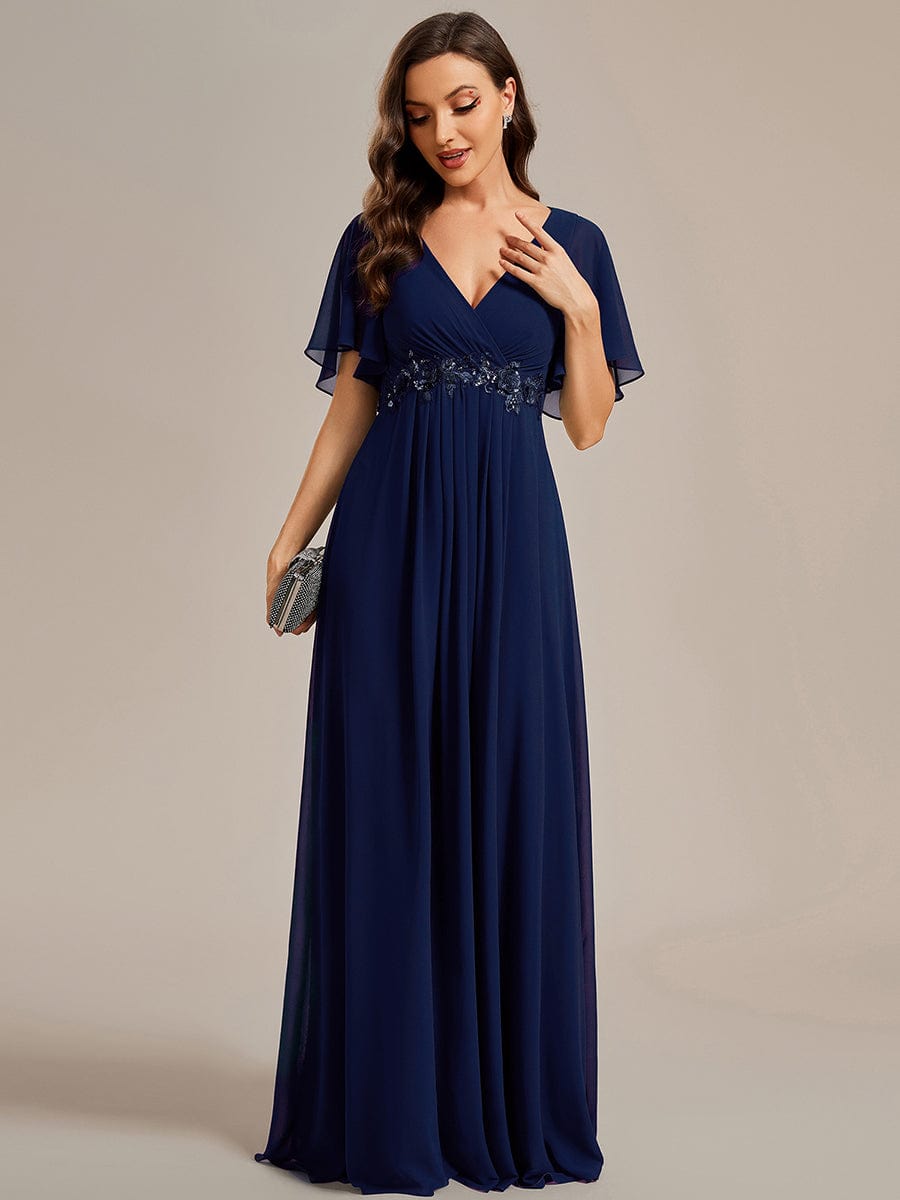 Ruffles Sleeve A-Line Chiffon Waist Applique Maxi Evening Dress #color_Navy Blue