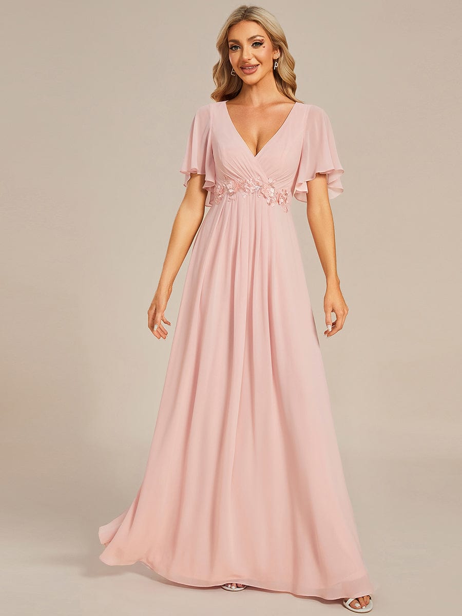 Ruffles Sleeve A-Line Chiffon Waist Applique Maxi Evening Dress #color_Pink