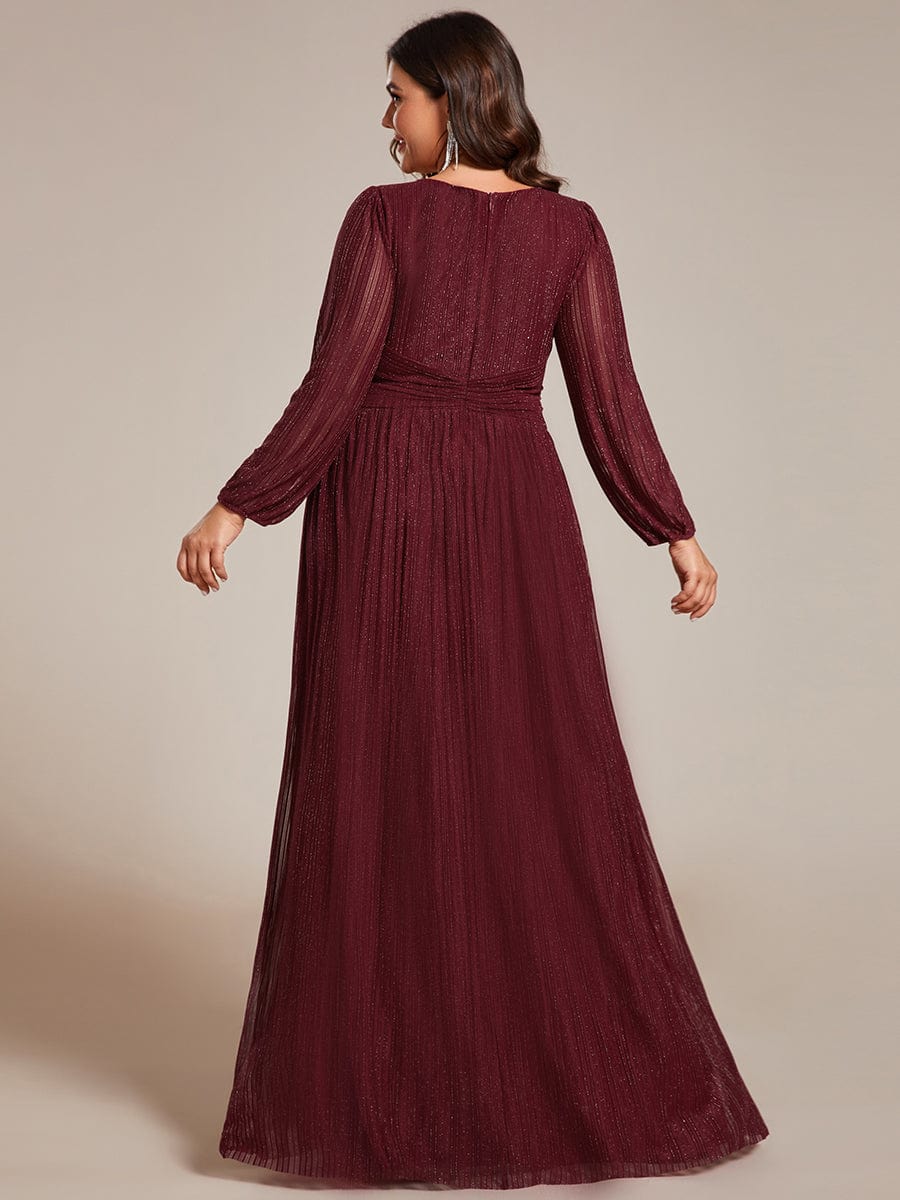 Plus Size Dazzling Empire Waist See-Through Long Sleeves A-Line Evening Dress #color_Burgundy