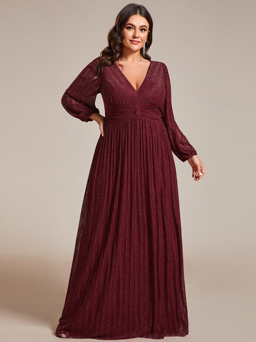 Plus Size Dazzling Empire Waist See-Through Long Sleeves A-Line Evening Dress #color_Burgundy
