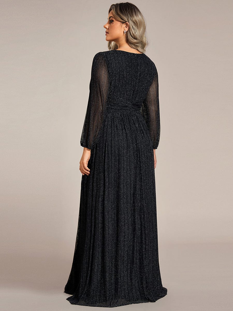 Plus Size Dazzling Empire Waist See-Through Long Sleeves A-Line Evening Dress #color_Black