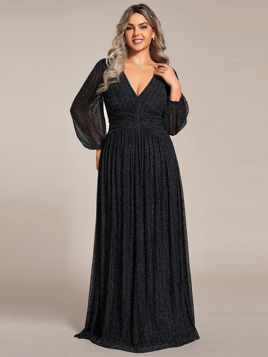Plus Size Dazzling Empire Waist See-Through Long Sleeves A-Line Evening Dress #color_Black