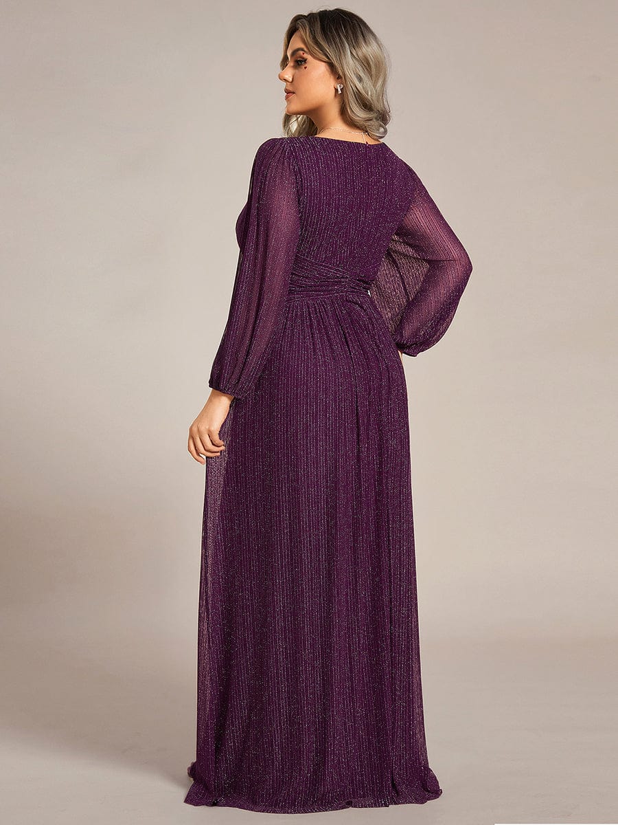 Plus Size Dazzling Empire Waist See-Through Long Sleeves A-Line Evening Dress #color_Purple Wisteria