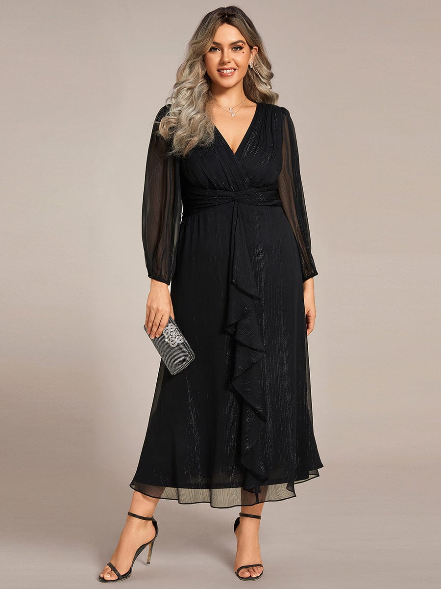 Plus Size Twist Knot Louts Leaf Long Sleeve A-Line Evening Dress #color_Black